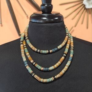 Bohemian Beaded Necklace Earth Tones Wood Bead 60" Long Coastal Vintage 90s